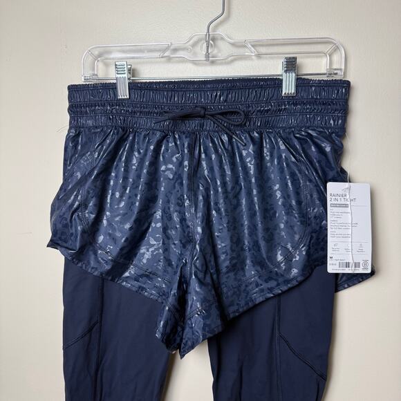 Athleta Rainier 2 in 1 Navy Blue Running Leggings Shorts Womens M Activewear Gym - Picture 3 of 8